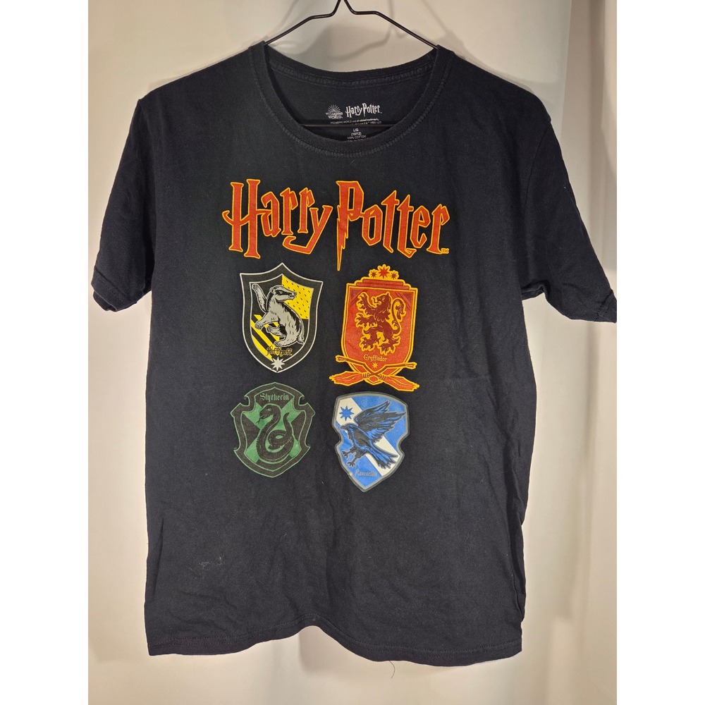 Harry Potter T-Shirt Kids Large Black Excellent Hogwarts House Crests Graphic